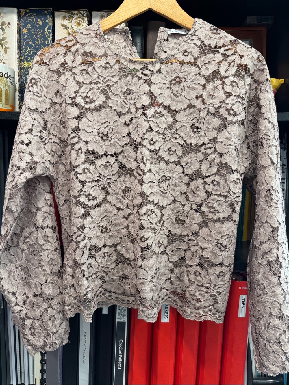 Zara Lace Floral Long-Sleeve Top - Taupe